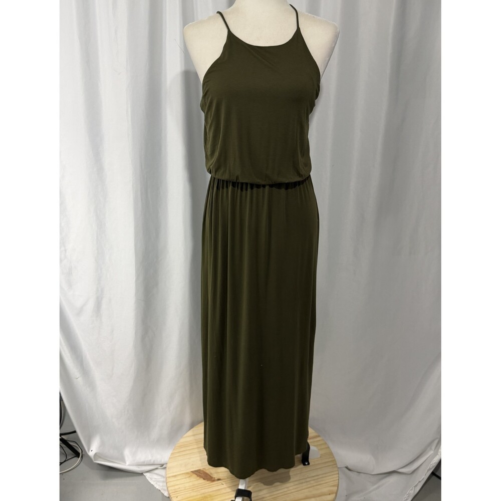 LUSH High Neck Maxi Dress Sz L Olive Green Knit Blouson Elastic Waist